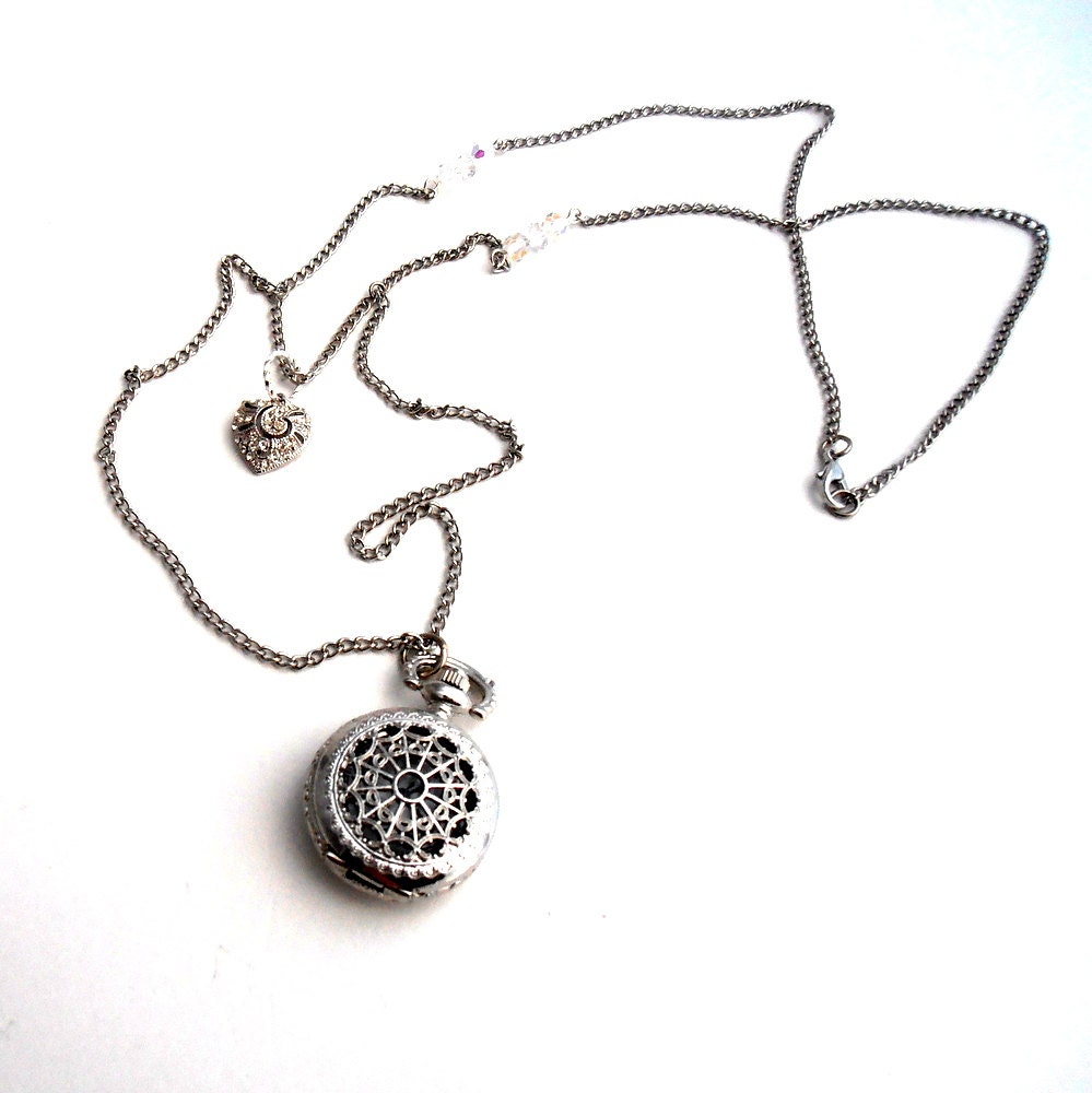 Silver Pocket Watch Necklace with  Pave Heart  Pendant,  Limited Edition Upcycled Jewelry