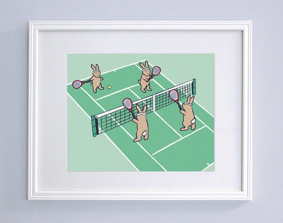 Tennis Kids Wall Art - Bunny Rabbit Baby Nursery Decor - Sports Bedroom Art (8x10)