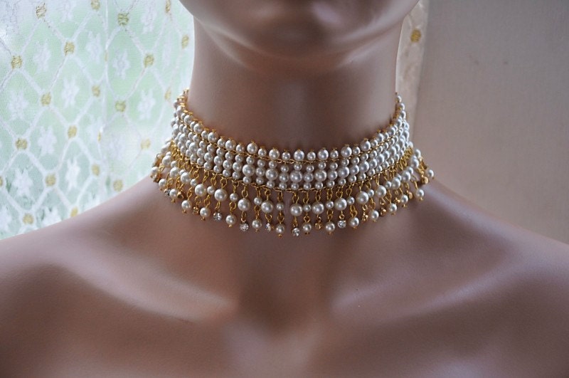 Bridal Pearl Choker Necklace,Swarovski Crystal Pearl And CLEAR Necklace,Beaded,Swag,Vintage Wedding,Rhinestone,Gold,Victorian,MAXINE