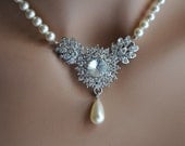 Vintage Style Bridal Necklace,Bridal Jewelry,Swarovski Crystal CLEAR Necklace,Victorian,Dainty Necklace,Pearls,Ivory,AMY