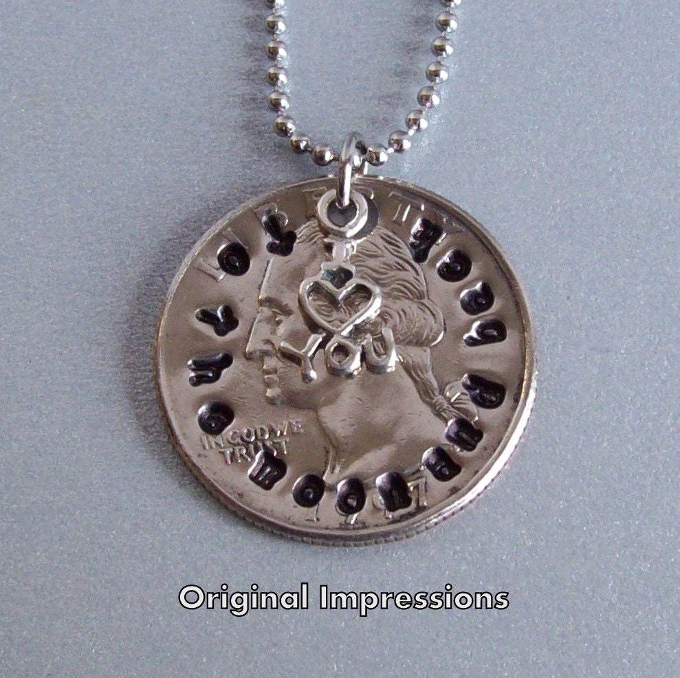 I love you to the moon and back coin jewelry necklace pendant made of a U.S. coin with a sterling silver charm on a stainless steel chain.
