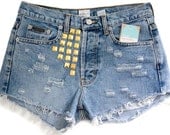 Studded Shorts Vintage Distressed High Waisted Blue Denim Hipster Boho Hippie Upcycled Calvin Klein Cut Off W30