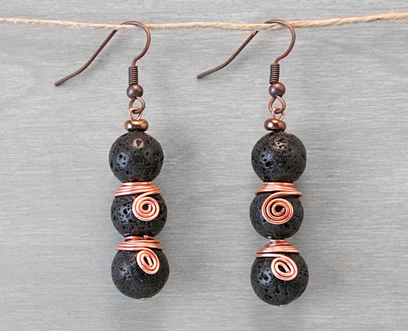Lava Rock Earrings - Copper Wire Wrap Dangle Earrings - Black Stone Earrings
