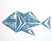 SALE Abstract Tribal Fish Nautical Art Block Print 4 x 6 Home Decor / Subdued Blue, Navy / Hand Pulled Linocut