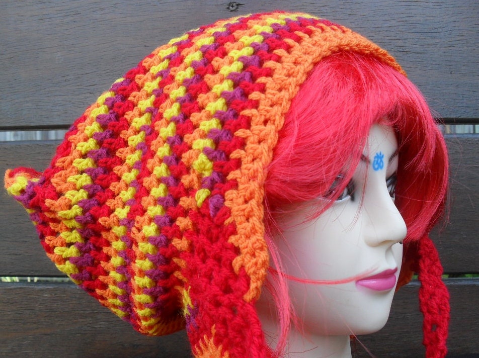 Hippie Crochet Pixie  Hat - Handmade Slouchy / Tassel Ties Gypsy