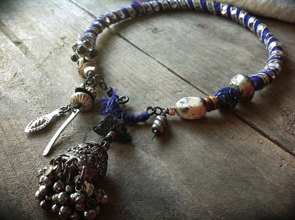 Tribal gypsy fusion statement necklace with kuchi, blue and silver shabby sari silk and vintage embroidery