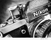 Nikon F2 camera, Still Life drawing, 11" x 8,5" Print of original graphite drawing