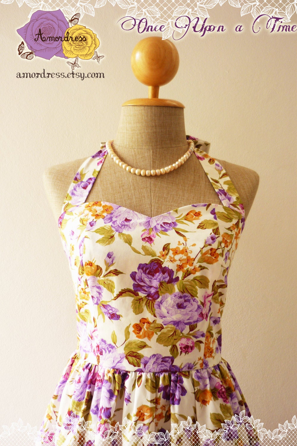 Sweet Floral Dress Purple Rose Romantic Dress Party Tea Dress Vintage Inspired Dress Floral Goddess Once Upon a Time -Size S-