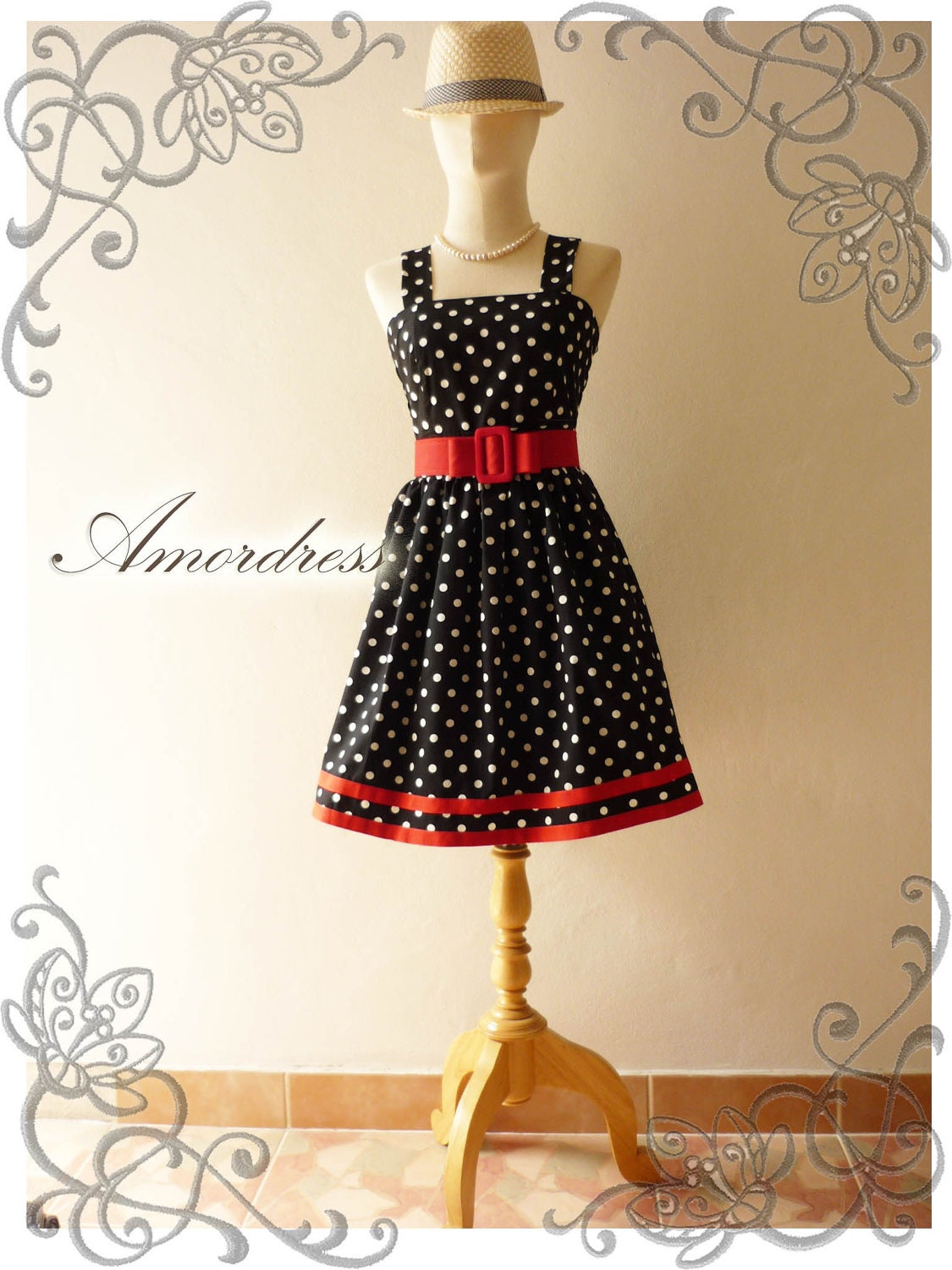 NEW Amor Vintage 50's Rockabilly Inspired Black and White Polka Dot Love Vintage Red Belt -Fit Size M-