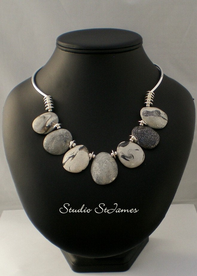 Statement Necklace, Grey Stone Necklace,  River Rock and Silver beads, Winter Fashion,  PN 770