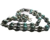 Pearl Beaded Necklace Blue, Green, Grey,Silver Beaded Double Strand Necklace