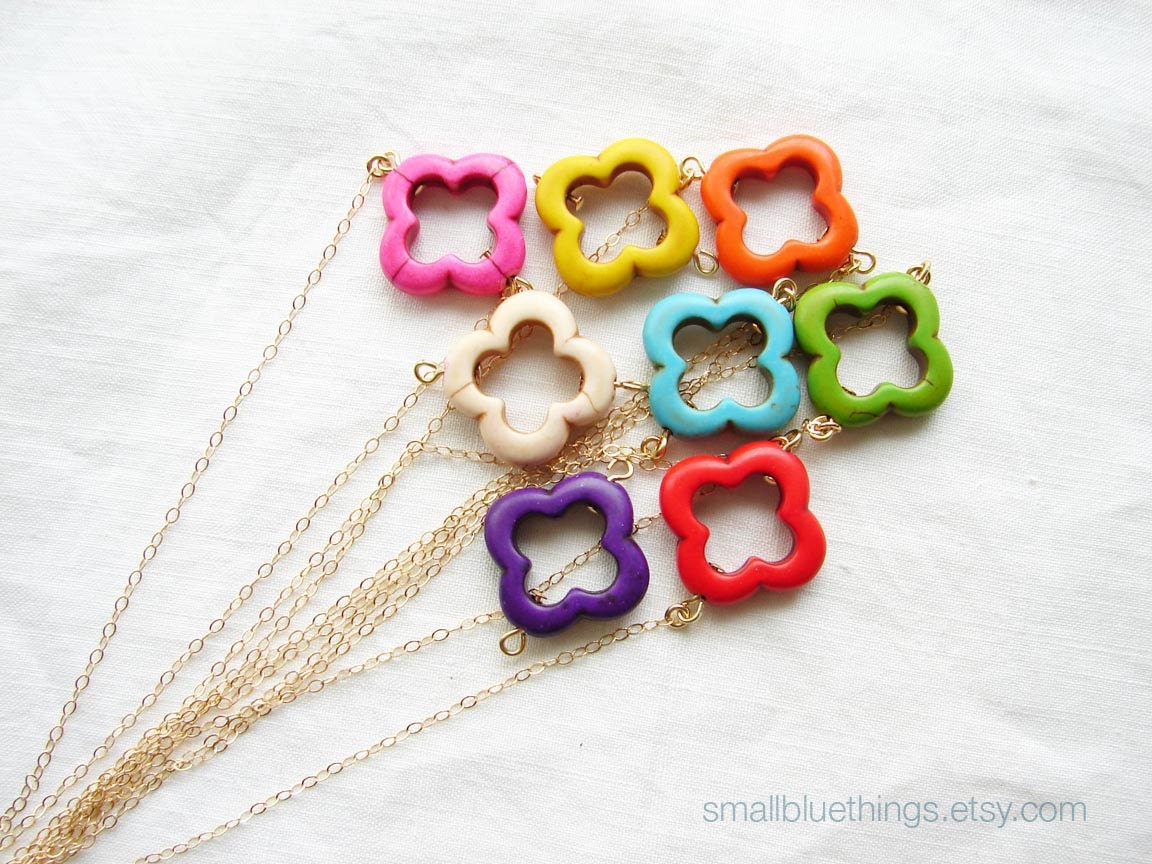 Rainbow Quatrefoil Necklace. Lucky Clover. Bridesmaid Friendship Gift.14K GF Chain (Also Available in Sterling Silver). Choose Your Color.