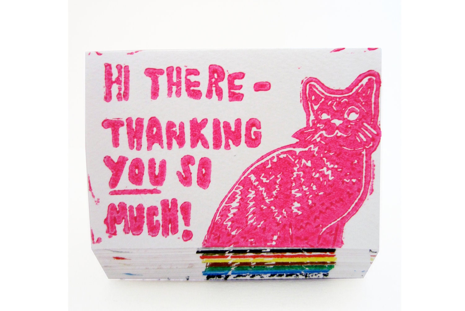 lil geometric cat // magenta mini thank you card hand carved illustration