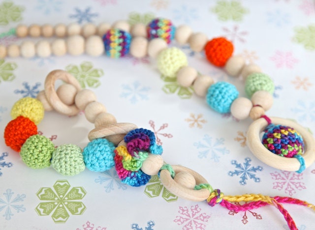 Set of 2. Teething ring toy and nursing necklace. Multicolor rattle for baby and mom
