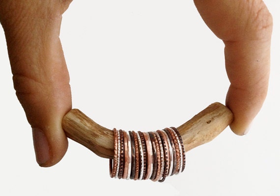 7 Mixed Metal Stacking Rings Set - Sterling Silver, Copper Rose Gold Color, and Black Patina Bands