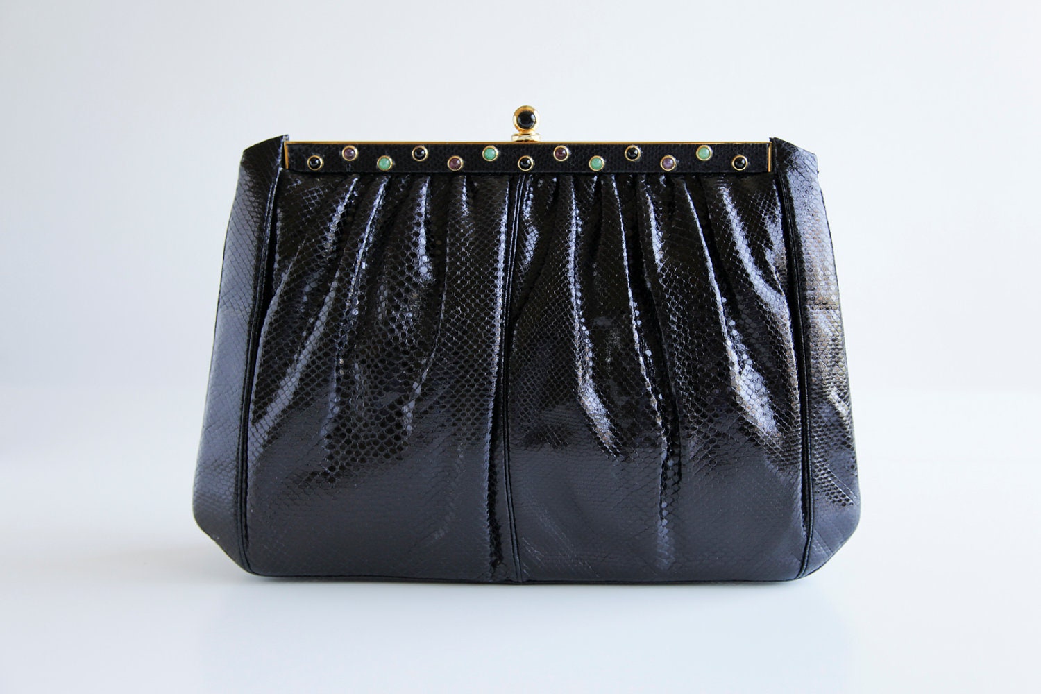Vintage JUDITH LEIBER Black Lizard Oversize Clutch w/ Cabochon Jewel Frame