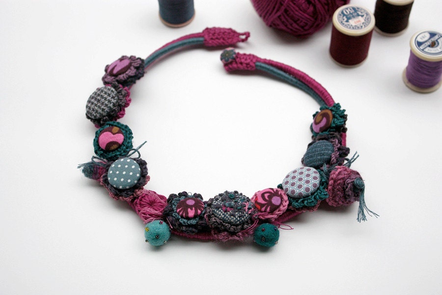 Colorful fiber necklace, crochet with fabric buttons and embroidered and felted beads, OOAK