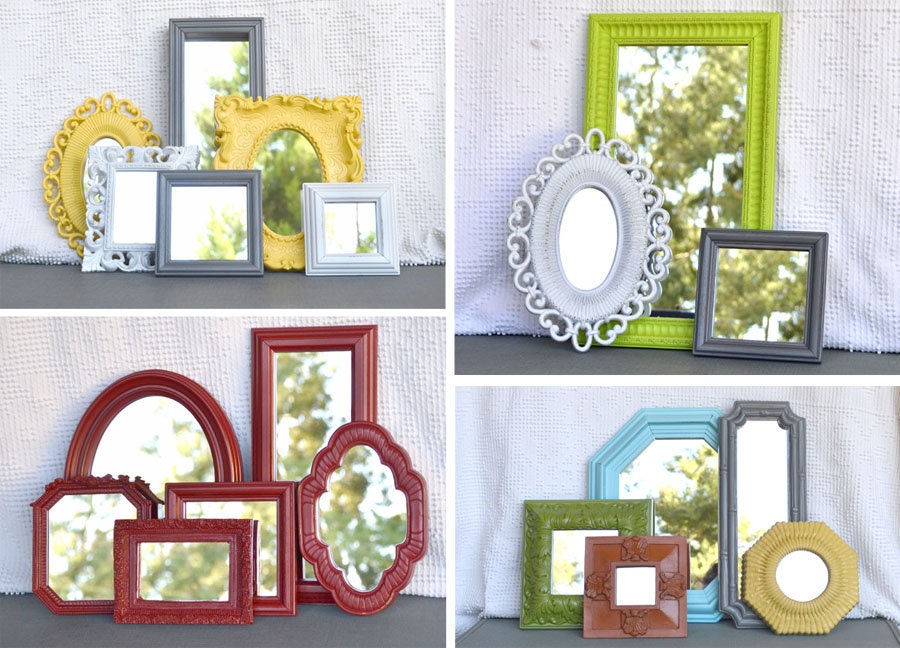Custom Ornate Upcycled Mirrors collection of 6 Your Choose your COLORS.... Painted Upcycled Modern Mirror set of 6 yellow grey white lime