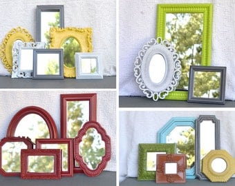Custom Ornate Upcycled Mirrors collection of 6 Your Choose your COLORS.... Painted Upcycled Modern Mirror set of 6 yellow grey white lime