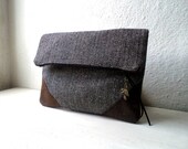 Vegan Clutch, handbag,  fold over clutch, FAUX LEATHER, faux suede in chocolate brown and black, white and gold herringbone, lightweight.
