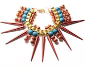 Whiccano, statement bracelet, gold turquoise and spikes, chunky hand chain cuff bangle, OOAK costume jewelry