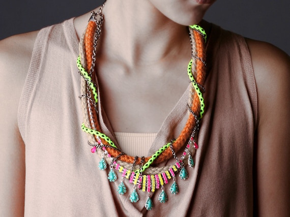 Kershaw, Neon Statement Necklace, tribal necklace, raw ropes with chains and hand painted rhinestones. OOAK