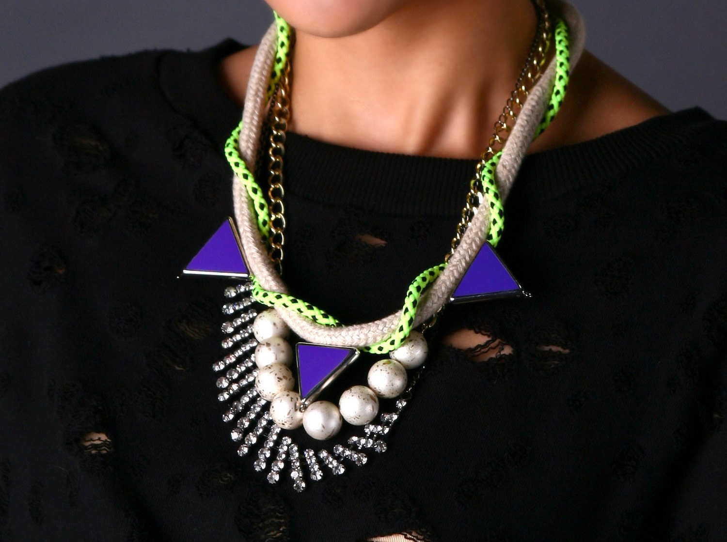 Kahei, Neon Necklace, statement necklace, with faux pearls, rhinestones, ropes and chains. statement necklace