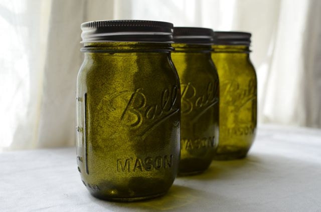 Stained Mason Jars, Pint Size, In Olive Green, Set of 3