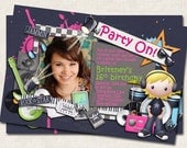 Musical Rockstar Birthday Invitation, black, green pink orange (Digital File) you-print