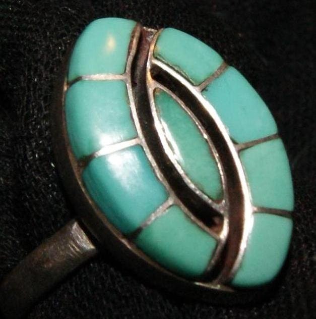 ZUNI INLAY HUMMINGBIRD Rare E. Quandelacy Turquoise Inlay Sterling Ring Size 6.5 c1950
