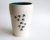 Teal Ceramic Vase- Swallow Motif by RossLab- Pottery, vintage inspired