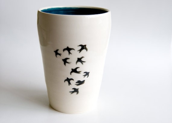 Teal Ceramic Vase- Swallow Motif by RossLab- Pottery, vintage inspired