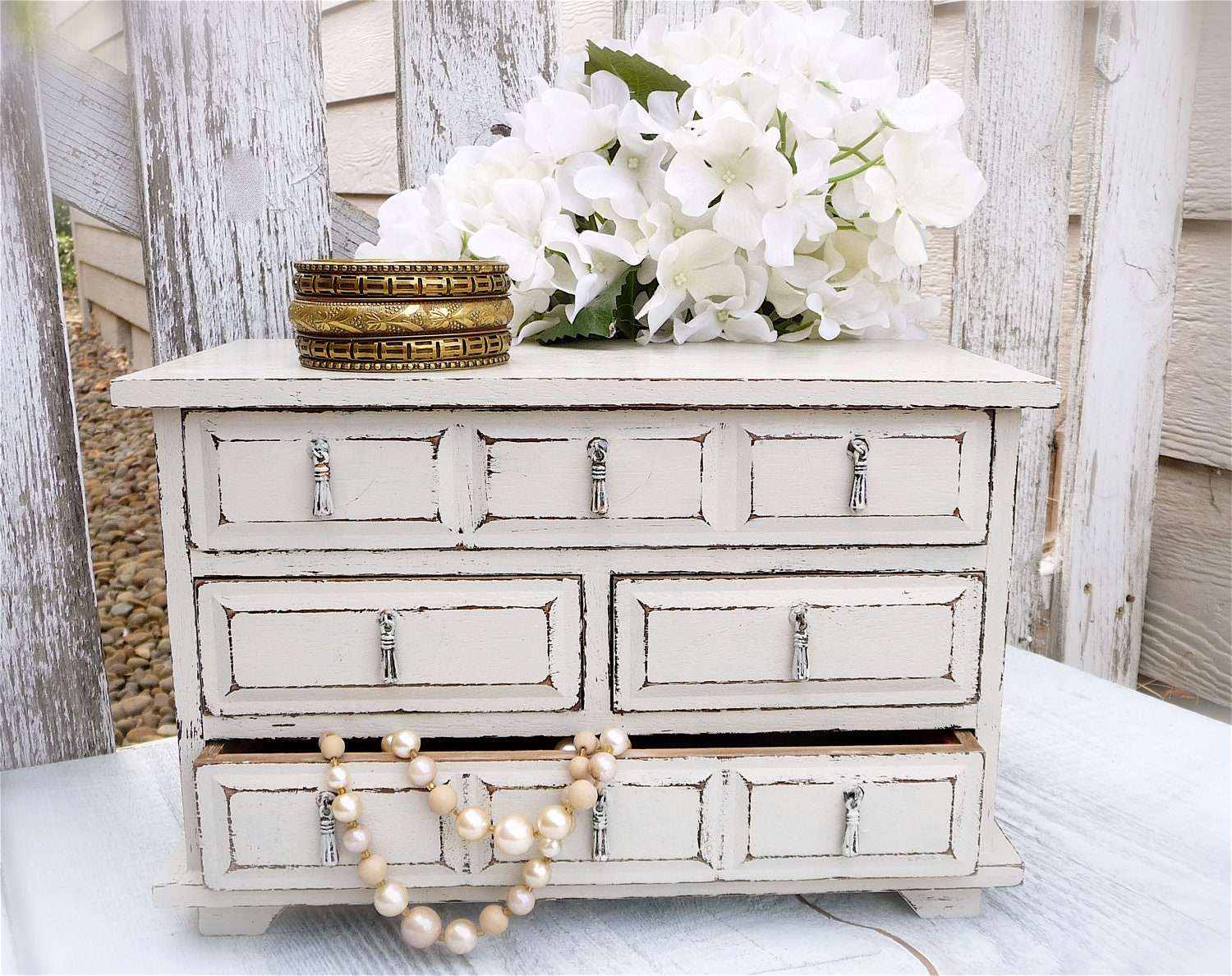 Large White Ivory Shabby Chic Upcycled Jewelry Box Chest of Drawers