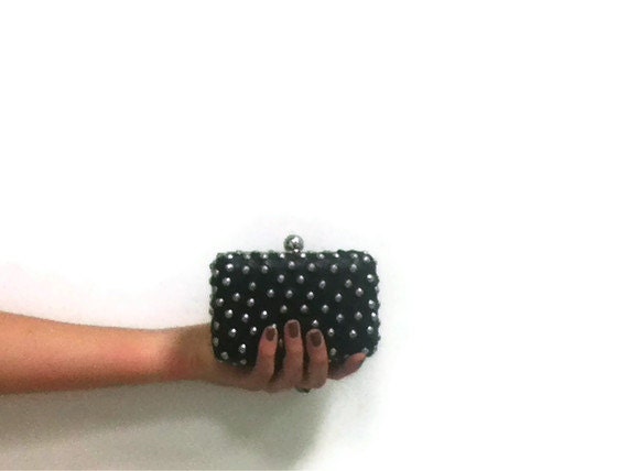 Black Leather Clutch with silver studs