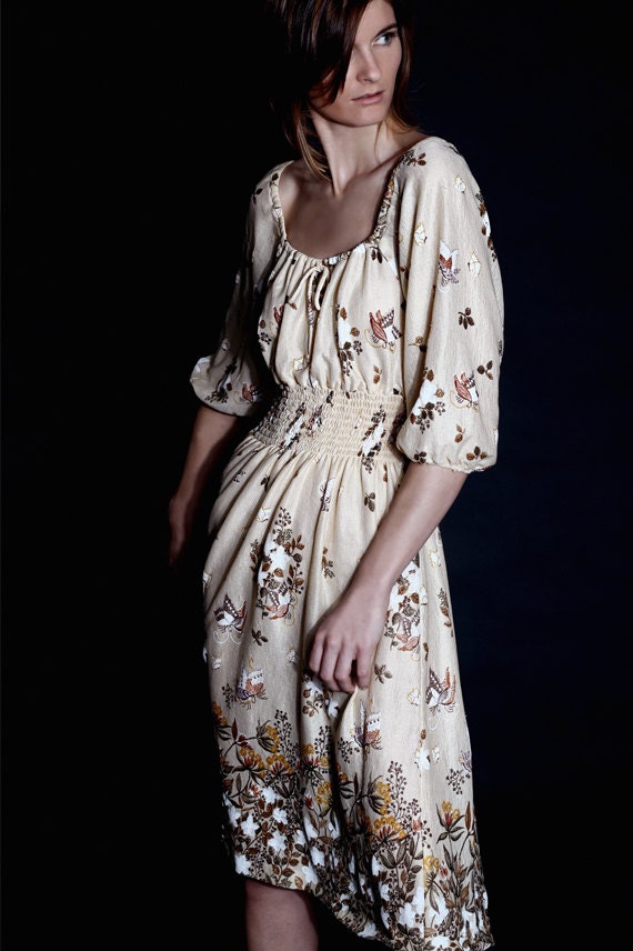 80s Vintage Dress Floral Print Neutral Moths Small Medium