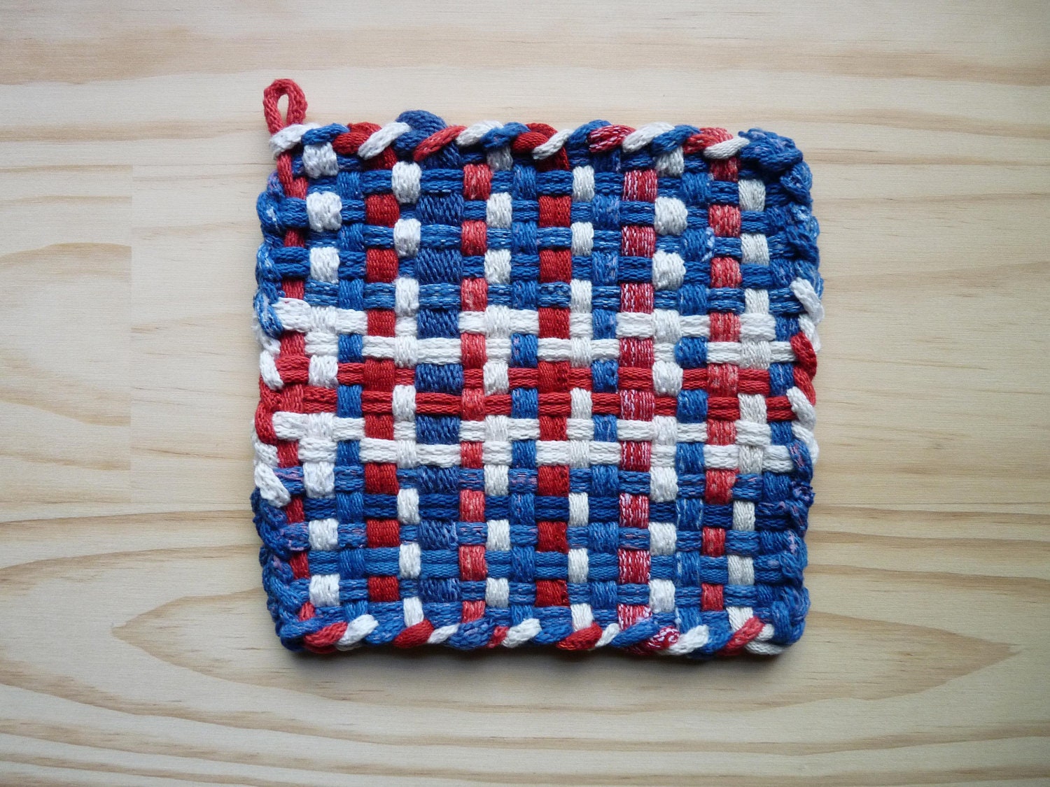 Red White and Blue Denim Patriotic Flag Colors Woven Cotton Loop Loom Potholder Vintage Colorful Kitchen Farmhouse Style