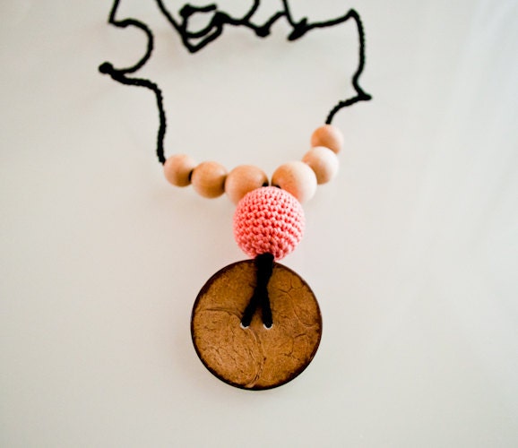 Nursing Necklace/Teething Necklace with coconut button-Peach Black-Choose your color