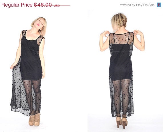 FESTIVAL SALE Vintage 90's sleeveless Black Sheer Gypsy Dotted Empire Tent Dress