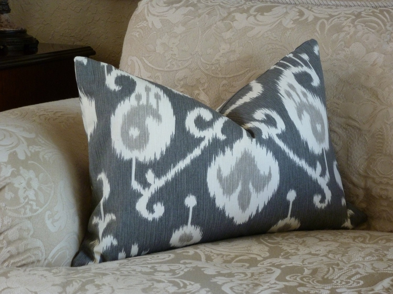Throw Pillow Cover -  Upholstery Fabric - Pewter/Cream  Accent Pillow - Ikat