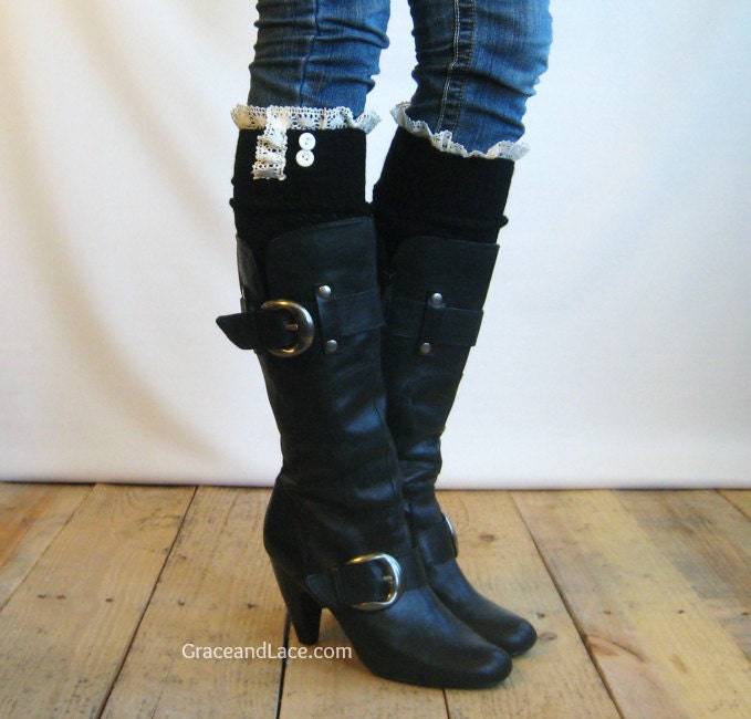 SALE SALE The Lacey Lou Black Open-work Leg Warmers with Ivory knit Lace trim & buttons - Legwarmers boot socks (item no. 3-2)