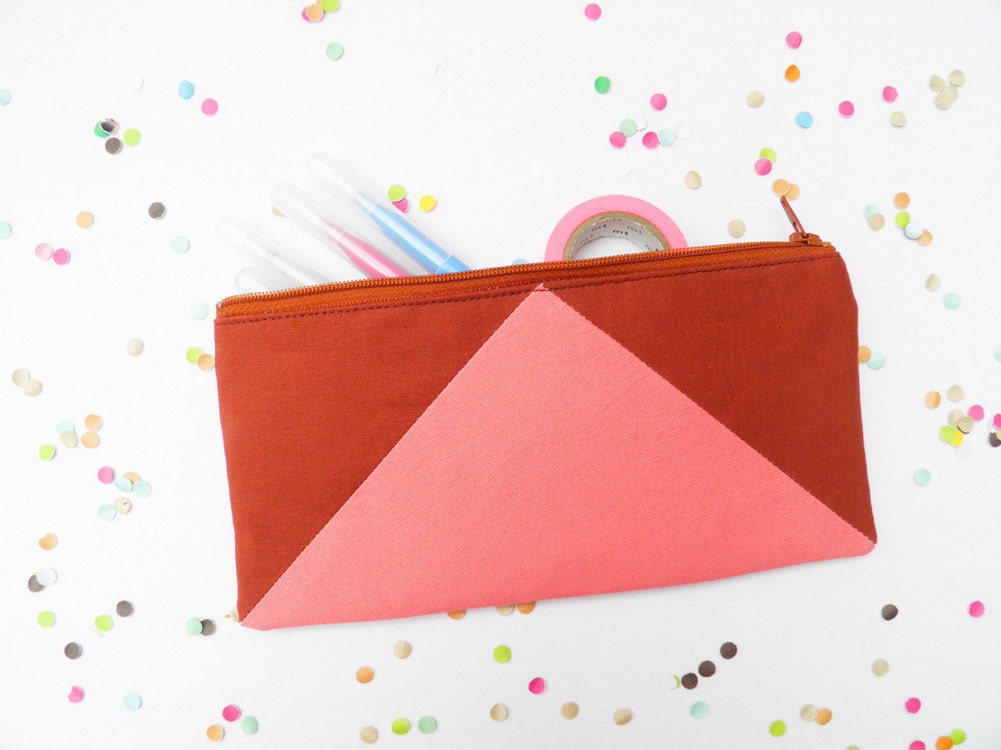 back to school zipper pouch 4"X8"  geometry  pencil case in caramel and peach