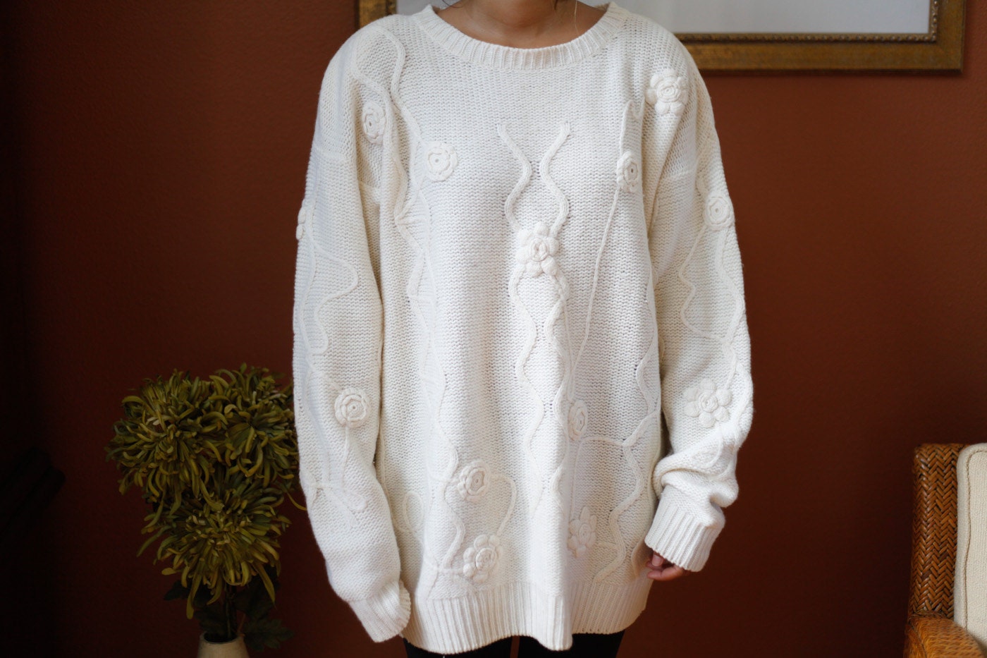Women's Vintage Cream Colored Lambswool Sweater 2X by jojosretro