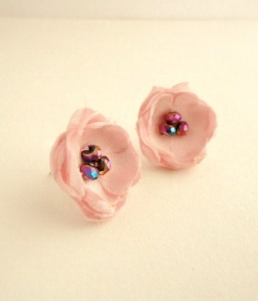 Pink Fabric Earrings, Pastel Flower Studs, Bridal Jewelry, Bridesmaid Gift, Small Fabric Flowers, Soft Pale Pink Satin