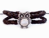 Brown Braided Leather with Cute Antique Silver OWL Charm Bracelet