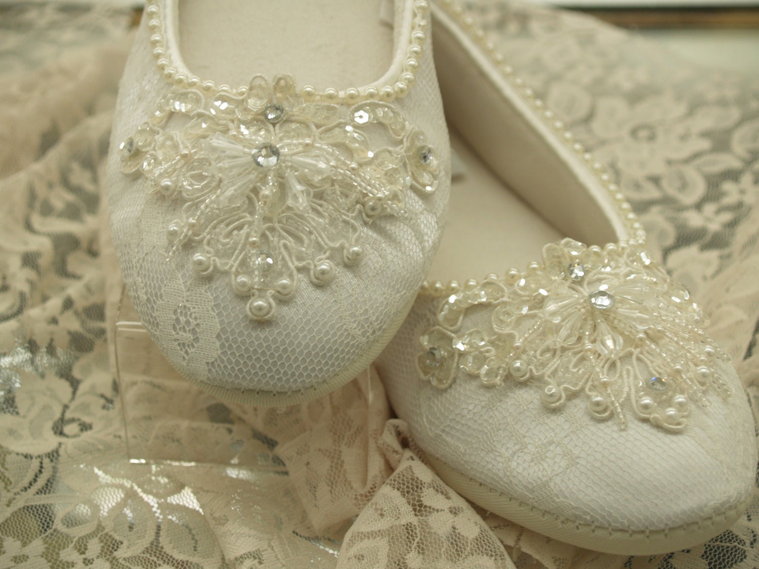 Wedding Ivory Flat Shoes Hand stitched pearls edging by NewBrideCo