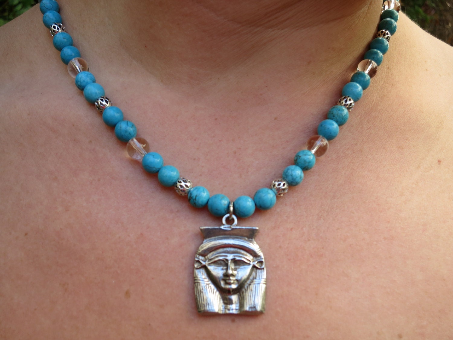 Hathor Goddess Rosary with beads of quartz and "turquoise"/howlite