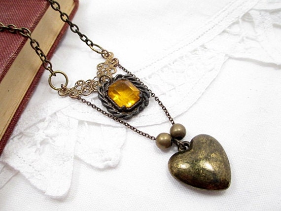 Victorian Lariat Necklace Beaded Jewelry Steampunk Handmade Wedding Upcycled Gold Crystal Vintage Button Mixed Media Heart Charm Bohemian