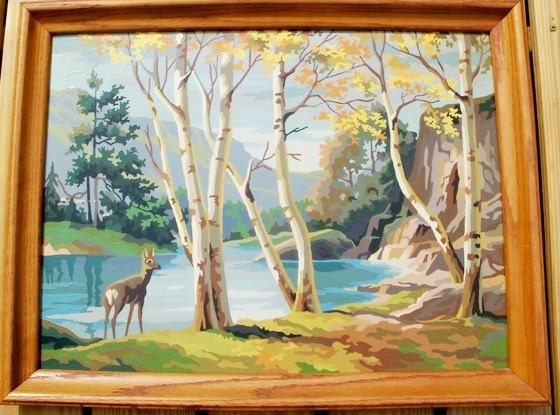 Very Large Vintage Paint By Number framed Fall Scene Doe at Deer Lake Free Shipping