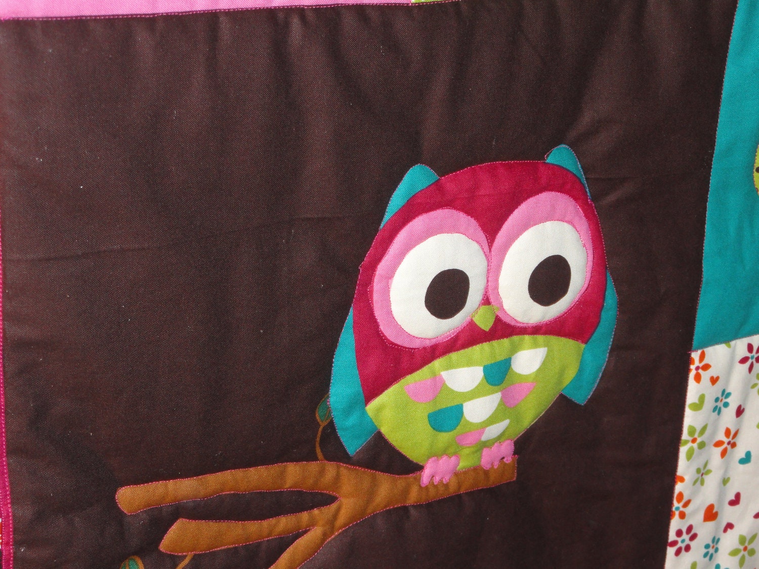 Hearts, Flowers and OWLS Baby Quilt for girls. Gorgeous bright colors, PINK, turquoise, green and brown