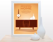 Mid Century Home Print - 11x14 retro art modern decor wall poster office living room nature mad men brown orange clean classic wood grain